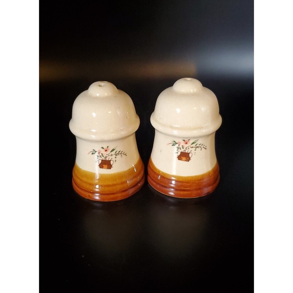 Vintage Brown And Off-white Crockery Salt And Pepper Shaker Floral Farmhouse